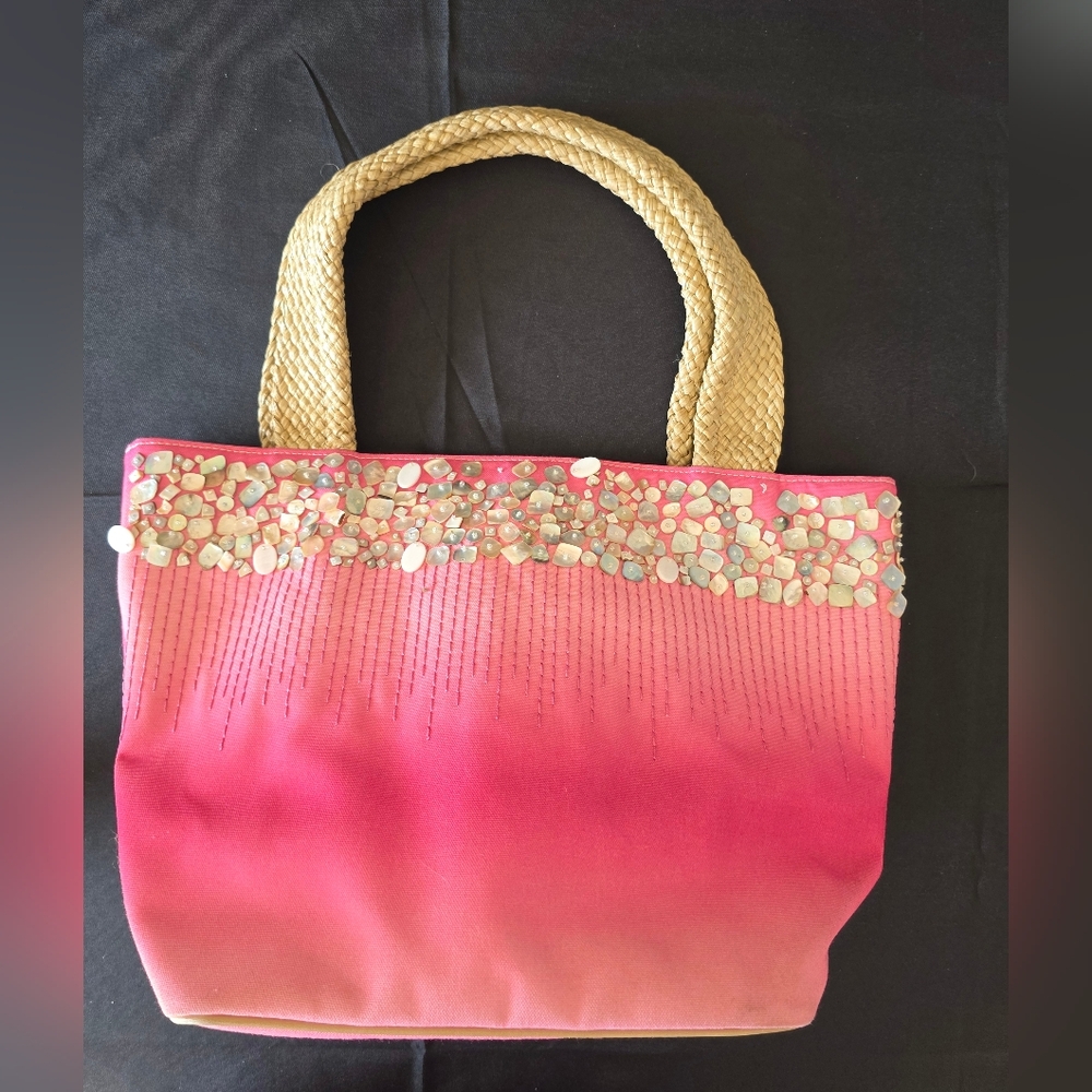 Nine West Pink Abalone Beading Straw Like Straps Beachy Vibes Tote